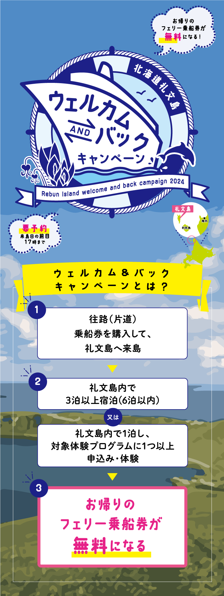 北海道礼文島 2024 ウェルカム＆バックキャンペーン お帰りのフェリー乗車券が無料になる！