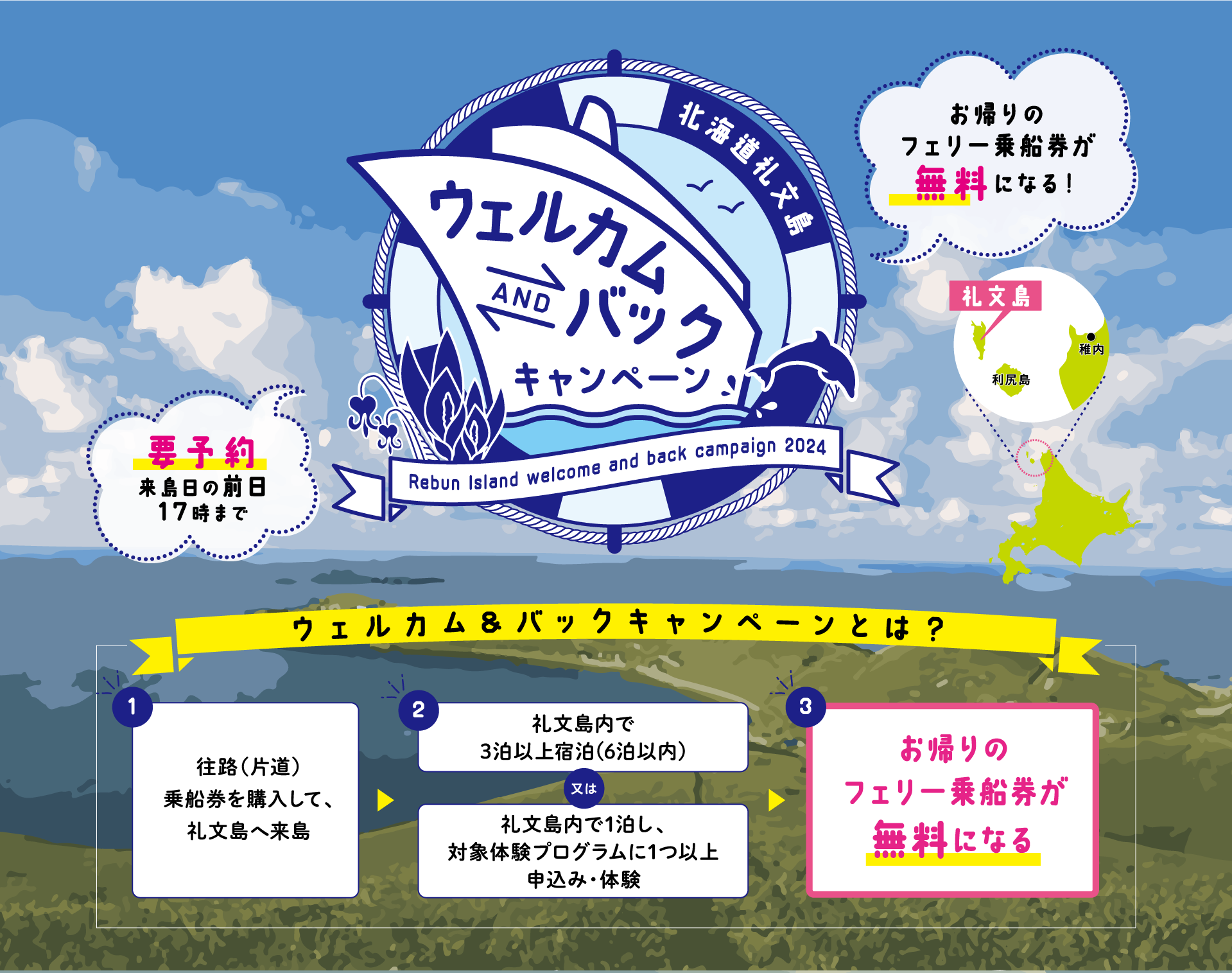 北海道礼文島 2024 ウェルカム＆バックキャンペーン お帰りのフェリー乗車券が無料になる！